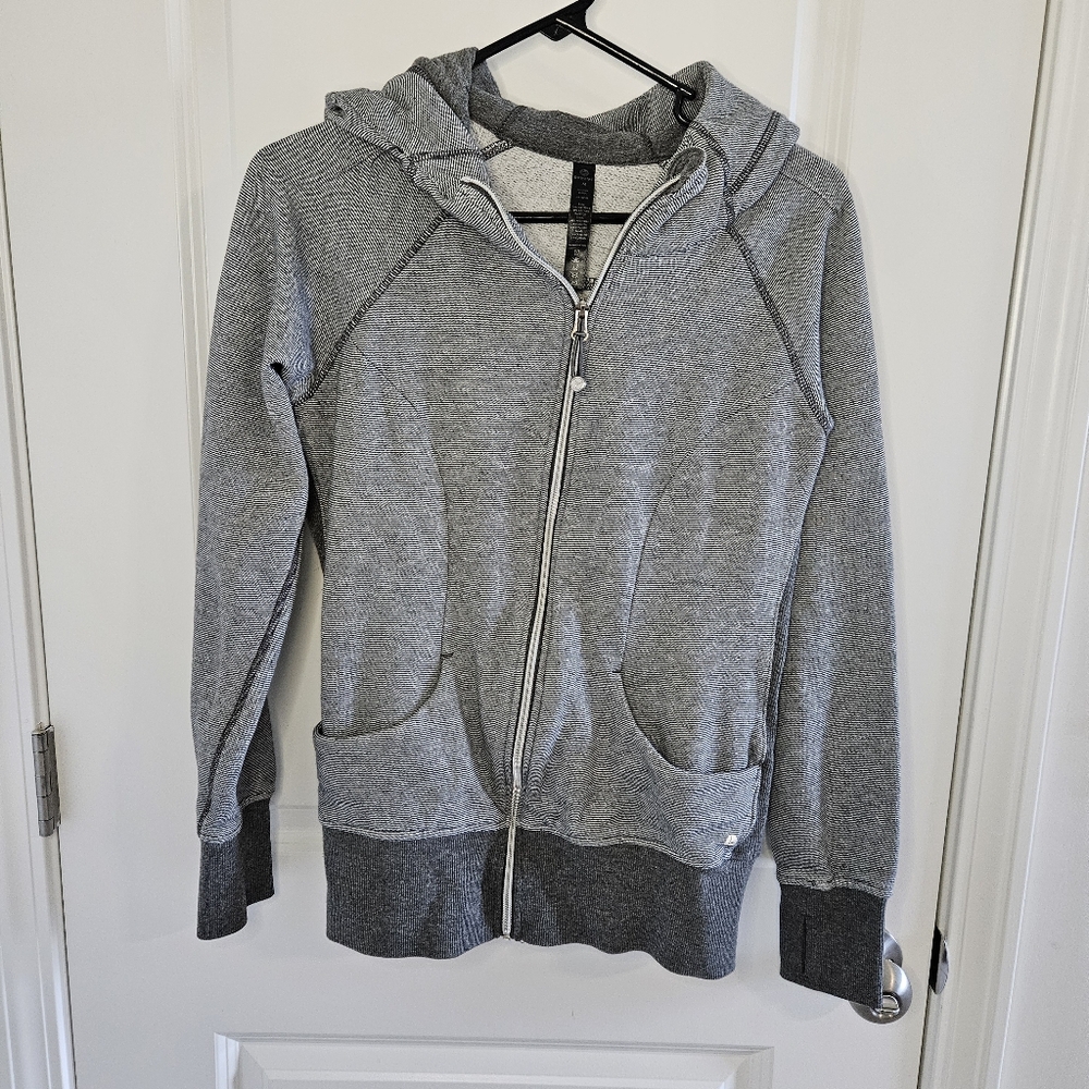 90 degree zip up gray and white stripe hoodie with thumb holes M